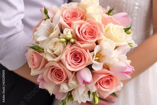 Romantic Wedding Bouquet  White and Pink Roses with Newlywed Couple Created with generative AI tools