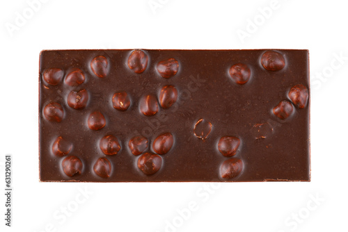 Dark chocolate bar with hazelnuts isolated on white background. View from above.