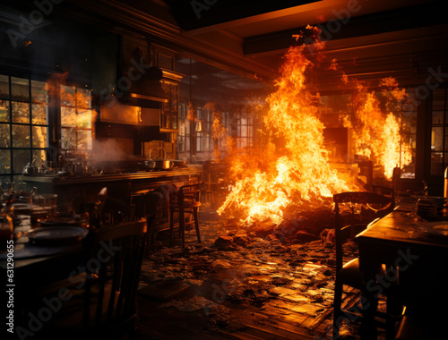 Interior of the spacious kitchen with terrible fire. Stuff on the kitchen floor burning. Generative AI.