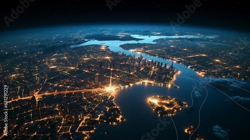 aerial view planet Earth, glowing cities at night, made with Generative AI