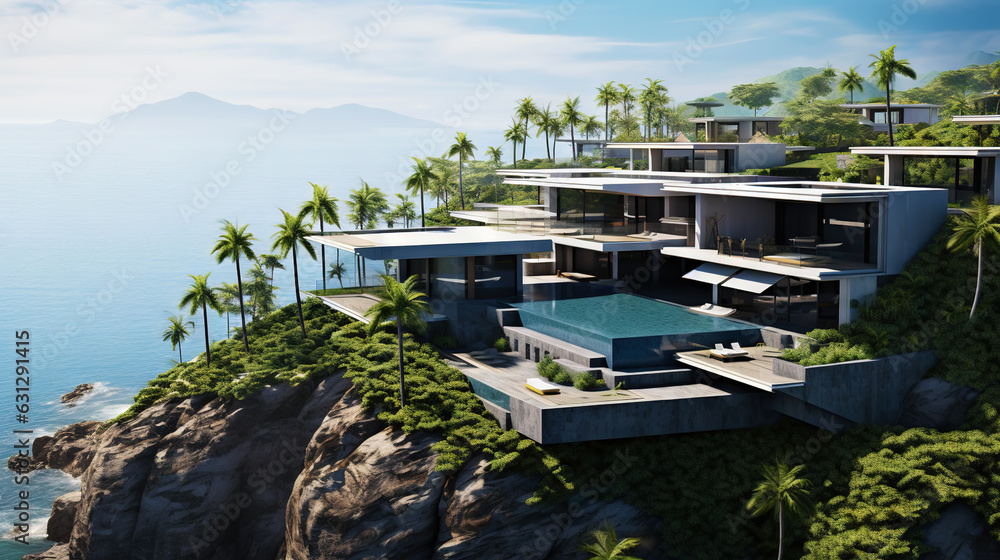 Luxury contemporaty villa on a mountain hill with a view on ocean. Generative AI