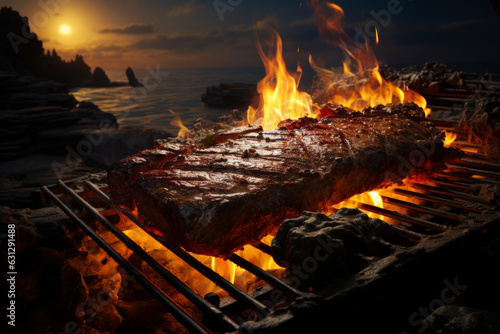 Big steak being grilled on fire. Cooking barbeque in the nature. Sea  rocks and sunset at backdrop. Generative AI.