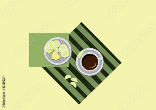 vector illustration cup of tea with a plate with lemon slices on it, top view