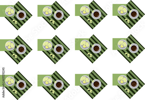 pattern on white background  cup of tea with a plate with lemon slices on it, top view