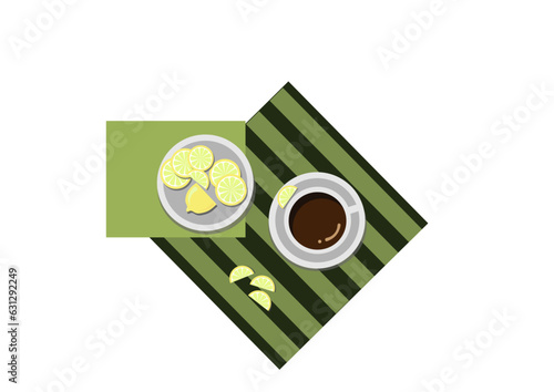  cup of tea with a plate with lemon slices on it, top view