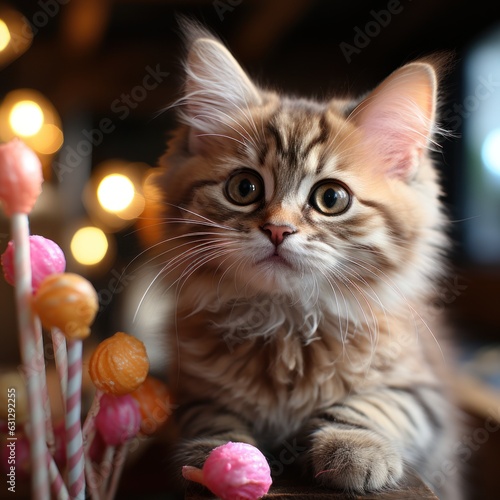 Sweet Delights: Adorable Kitty Surrounded by Candies. Generative AI