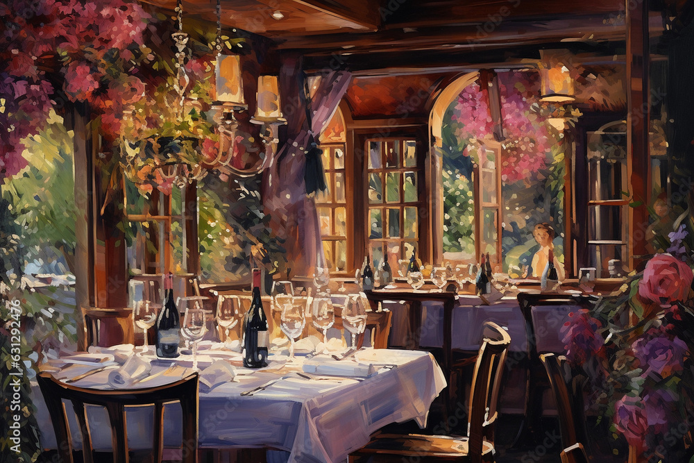 A romantic, impressionistic painting of a boutique hotel's gourmet restaurant, vibrant table settings, bustling kitchen, wine bottles, ambient lighting