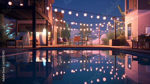 detailed, animated, low - poly style image of a boutique hotel's outdoor pool area at night, pastel color palette, geometric shapes, glowing string lights, soft reflections on water
