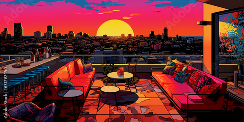 A pop - art depiction of a rooftop bar at a boutique hotel during sunset, illuminated cityscape backdrop, whimsical cocktail glasses, chic furniture, warm lighting, splashes of vibrant colors