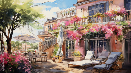 A whimsical, watercolor - style image of a boutique hotel's lush rooftop garden, colorful blossoms, wrought - iron furniture, serene water fountain, inviting hammock © Marco Attano