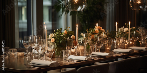 Elegant dining area of a boutique hotel, crystal chandeliers, white linen covered tables, silver cutlery, wine glasses, floral centerpieces, classy and sophisticated
