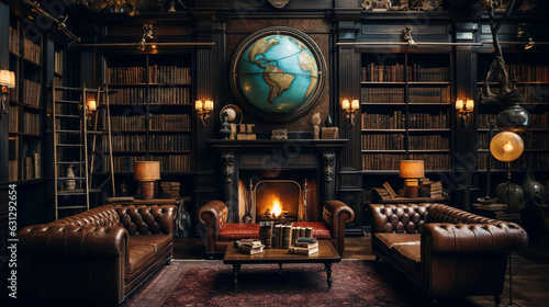 Intriguing image of a boutique hotel's library, filled with antique books, mahogany bookshelves reaching the ceiling, a vintage globe, luxurious leather armchairs, fireplace, dimmed lights