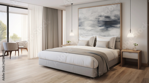 Stylish boutique hotel bedroom, king - sized bed with luxury linen, soft ambient light, minimalistic decor, contemporary artwork, wooden floors, architectural details