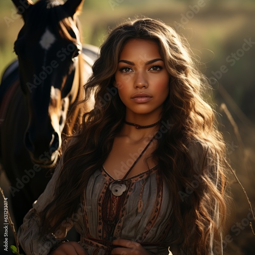  American Indian girl in a national costume with beads and feathers in her hair. Sunbeams and a horse. wild west theme. cover of a women's novel. Generative AI