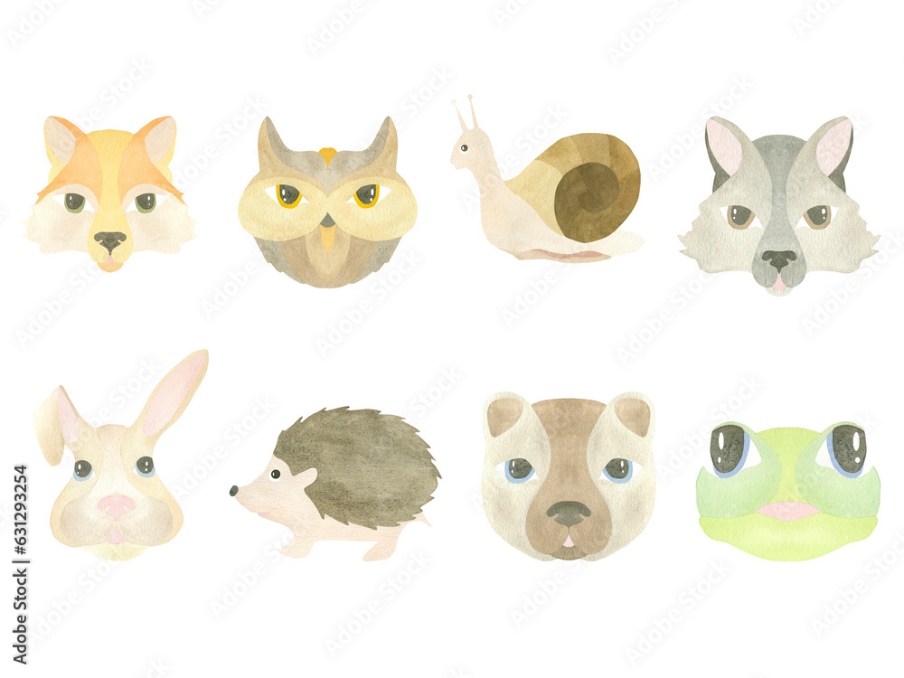 Large watercolor set of faces of wild animals - wolf, fox, owl, snail, hare, hedgehog, frog and bear, highlighted on a white background. Illustration. A set OF ANIMAL FACES.For the design of postcards Large watercolor set of faces of wild animals - wolf, fox, owl, snail, hare, hedgehog, frog and bear, highlighted on a white background. Illustration. A set OF ANIMAL FACES.For the design of postcards