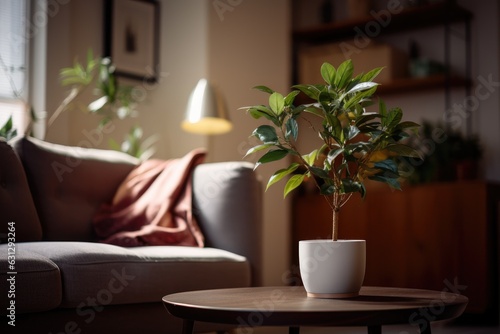 A photo of a living room with a plant in the foreground, but the image appears unclear or slightly out of focus. © 2rogan