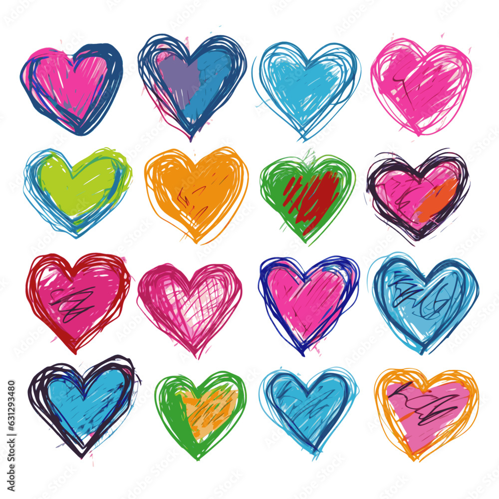 set of colorful scribbled hearts