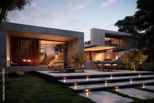 A stunning contemporary home made of cement, featuring a garden view, creating a breathtaking sight at night. © 2rogan