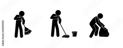 janitor icon, man washes, sweeps, collects garbage
