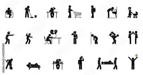 stick figure human silhouette, people icon, isolated pictogram, man in different situations