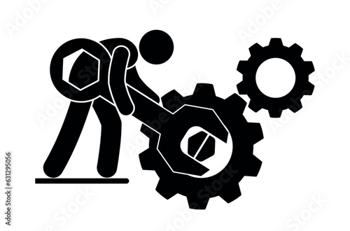 locksmith repairs mechanism, repair and technical support icon, man turns gears with wrench