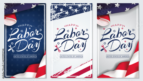 USA Labor Day set of vertical greeting card with brush in United States national flag colors and hand lettering text Happy Labor Day. Vector illustration.