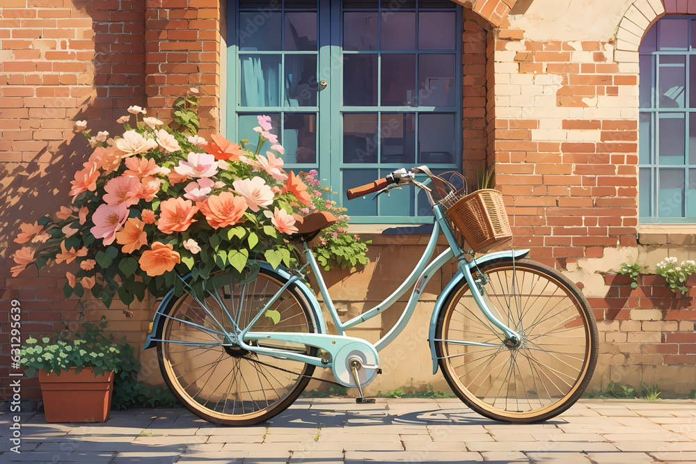 vintage bicycle, brick wall on background, flowers, daylight, retro, anime style wallpaper