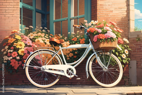 vintage bicycle, brick wall on background, flowers, daylight, retro, anime style wallpaper