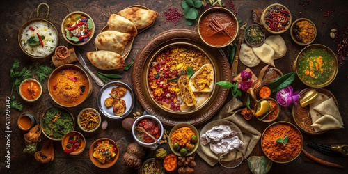 Top view of a colorful assortment of Indian food. Delicious food and spices with vivid color. Generative AI.