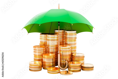 Golden coins under umbrella, financial insurance concept. 3D rendering isolated on transparent background photo