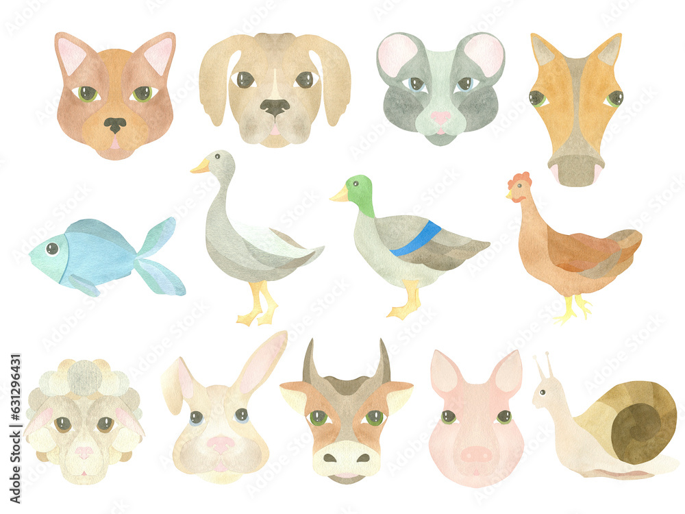 Large watercolor set of pets - cat, dog, mouse, rabbit, fish, snail, horse, cow, sheep, pig, duck, goose and chicken, highlighted on a white background. Illustration. A set OF ANIMAL FACES. For design Large watercolor set of pets - cat, dog, mouse, rabbit, fish, snail, horse, cow, sheep, pig, duck, goose and chicken, highlighted on a white background. Illustration. A set OF ANIMAL FACES. For design