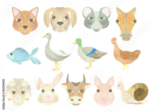 Fototapeta Naklejka Na Ścianę i Meble -  Large watercolor set of pets - cat, dog, mouse, rabbit, fish, snail, horse, cow, sheep, pig, duck, goose and chicken, highlighted on a white background. Illustration. A set OF ANIMAL FACES. For design