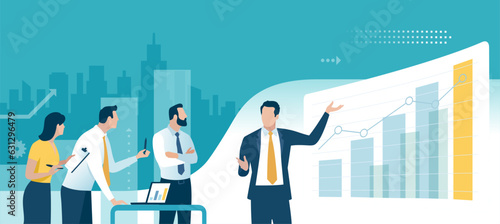 Growth. Presentation. Business plan. The business team discusses the plan to achieve a goal. Vector illustration.
