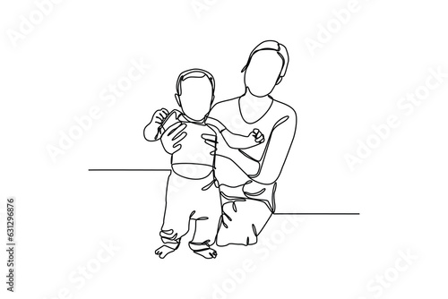 Baby sitter teaches baby walking, hand drawn doodles logo. Nanny minimalist concept. isolated vector illustration.