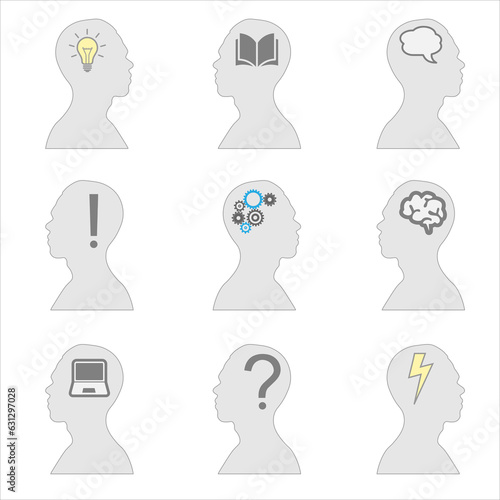 A modern set of human profile icons that display the processes of human thinking, brain features and emotions. A collection of silhouettes and symbols of the highest quality.