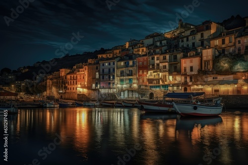 Mystical night in Porto Venero  colorful houses  boats and lanterns on the waterfront.  generative IA