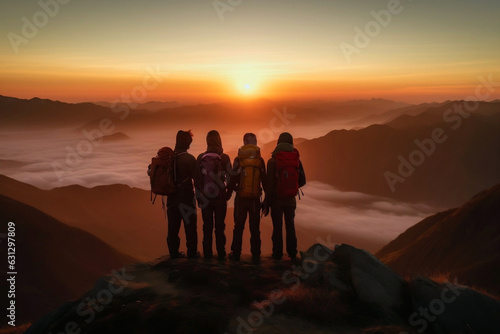 Four family members or friends standing on cliff edge  looking at stunning beautiful sunset or sunrise view. Successful summit  active hiking sport in nature concept image. Generative AI Technology