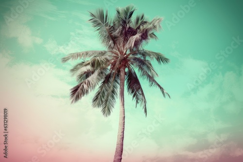 Exotic palm tree, pink paper, summer vacation., generative IA