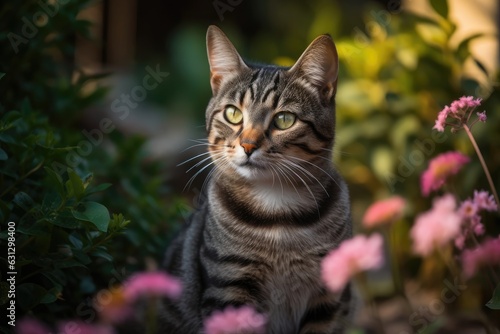 Curious cat posing in colorful garden.  generative IA