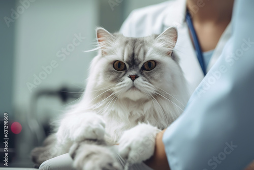 Veterinarian checking at a white cat at vet clinic, close up on a cat,image.