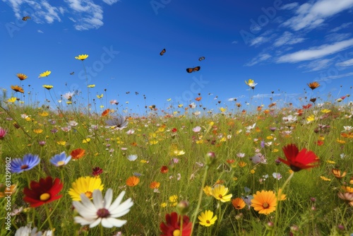 Lush spring: blooming fields, blue skies, butterflies and a serene stream., generative IA