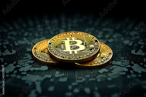 Detaled 3d Golden bitcoin cryptocurrency above blue dark digital background with digital circuit. Bitcoin and blockchain. photo