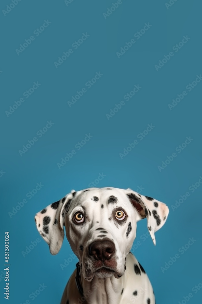 Vertical Banner for Website of shocked or surprised Dalmatian dog on bright blue background. Website banner concept. Advertising postcards, notebooks. Generative AI Technology