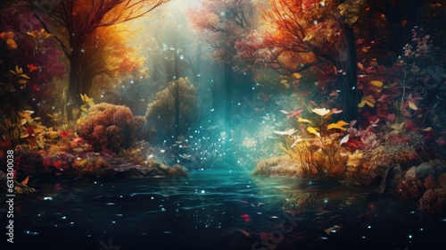 Fairy forest autumn background. Generative AI
