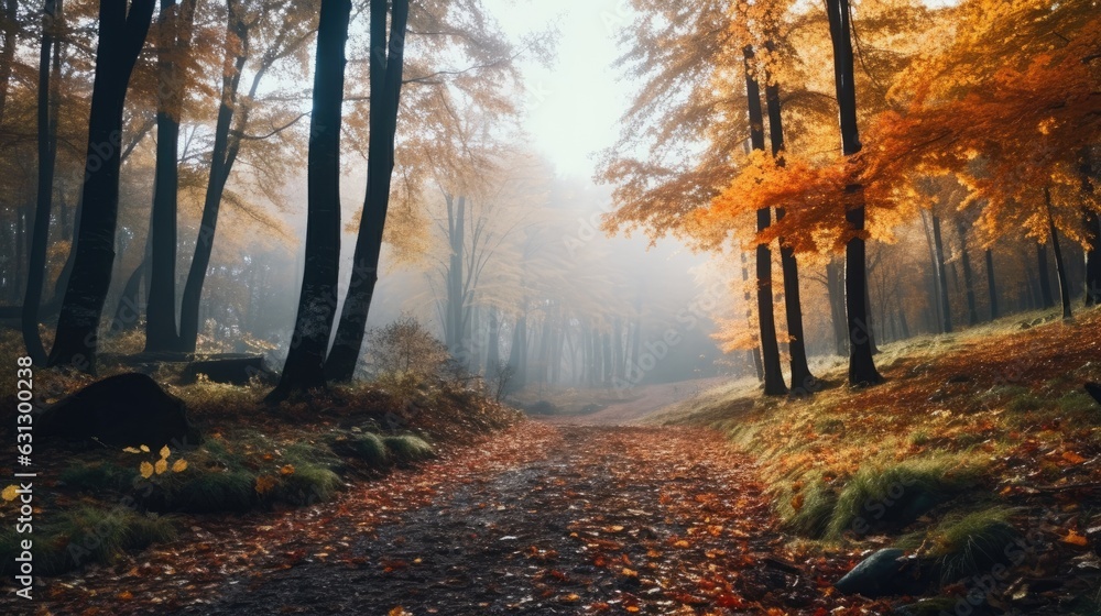 A misty autumn morning in the forest, with a variety of colorful trees and falling leaves. Generative AI