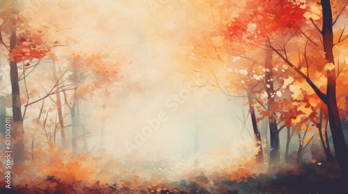 Abstract view of an autumn forest, depicted with watercolors. Generative AI