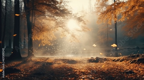 A misty autumn morning in the forest, with a variety of colorful trees and falling leaves. Generative AI