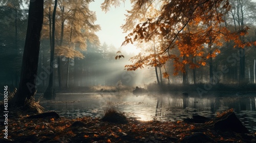 A misty autumn morning in the forest, with a variety of colorful trees and falling leaves. Generative AI