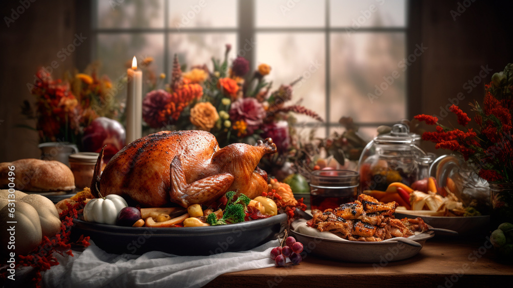 thanksgiving day. Laid table with turkey. generative AI thanksgiving day. Laid table with turkey. generative AI