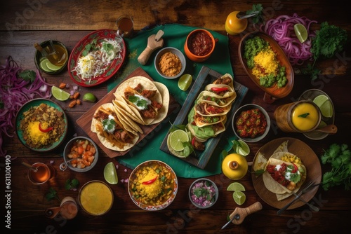 Colorful Mexican food on a yellow background. View from above., generative IA